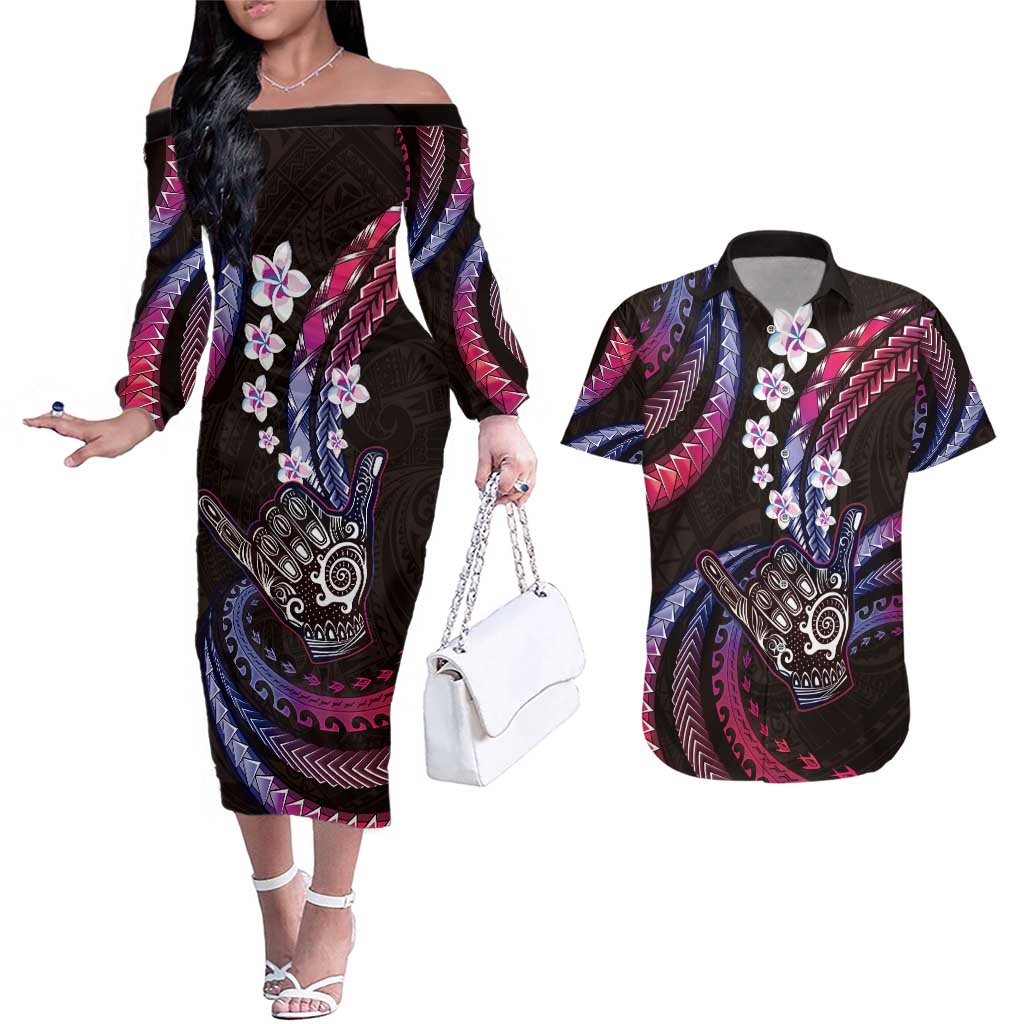 Hawaii Shaka Sign Couples Matching Off The Shoulder Long Sleeve Dress and Hawaiian Shirt Fantastic Frangipani Sweet Vibes