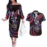 Hawaii Shaka Sign Couples Matching Off The Shoulder Long Sleeve Dress and Hawaiian Shirt Fantastic Frangipani Sweet Vibes LT01 Pink - Polynesian Pride