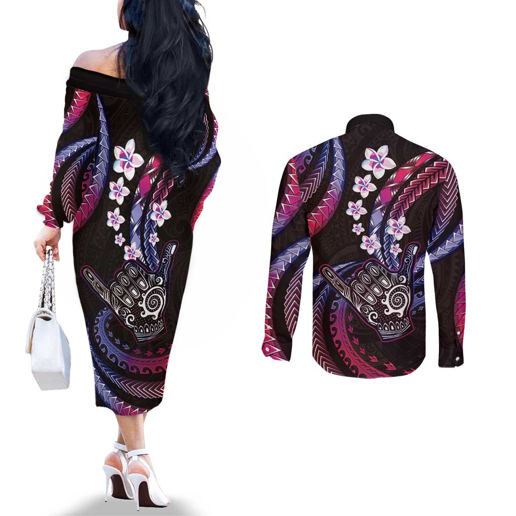 Hawaii Shaka Sign Couples Matching Off The Shoulder Long Sleeve Dress and Long Sleeve Button Shirt Fantastic Frangipani Sweet Vibes LT01 - Polynesian Pride