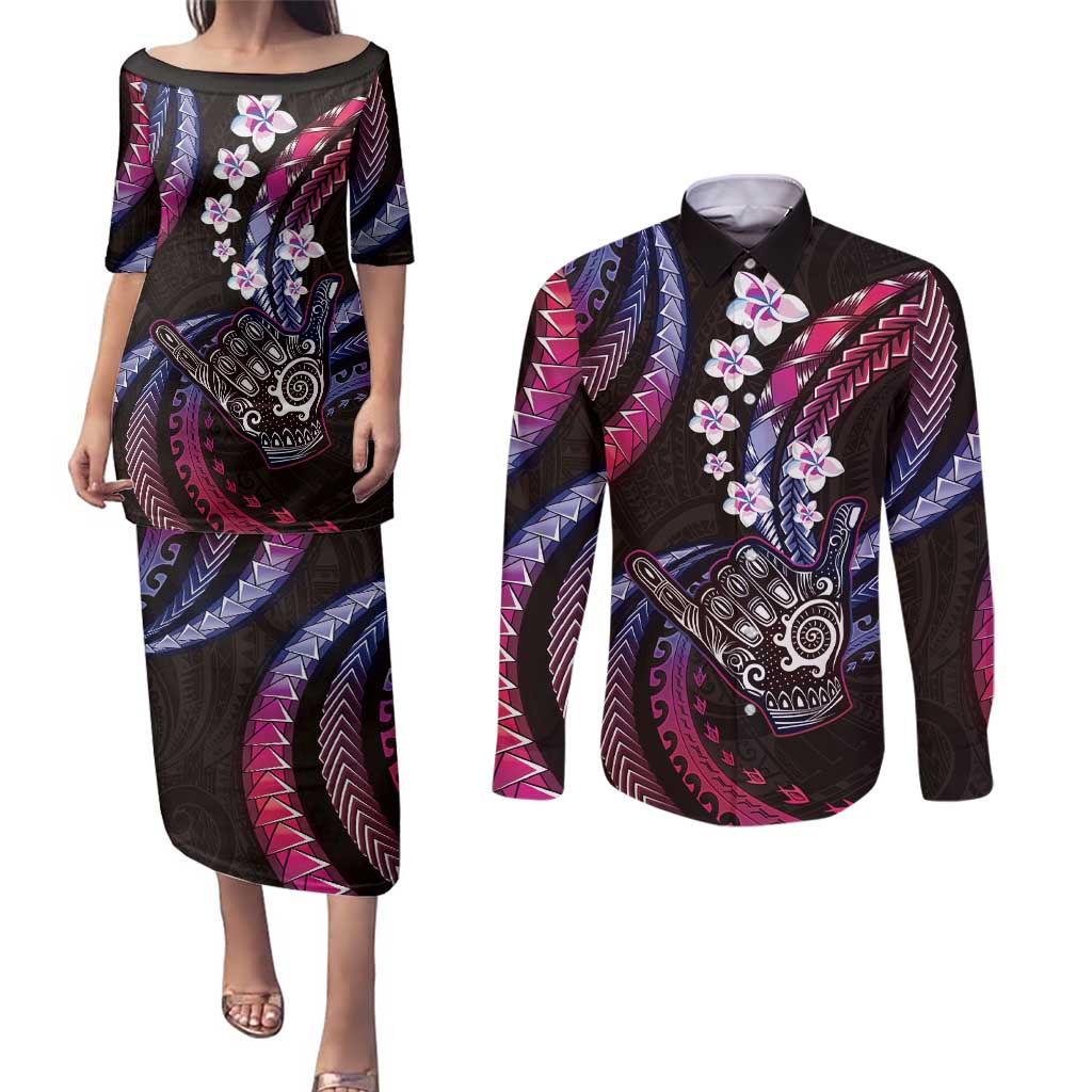 Hawaii Shaka Sign Couples Matching Puletasi and Long Sleeve Button Shirt Fantastic Frangipani Sweet Vibes