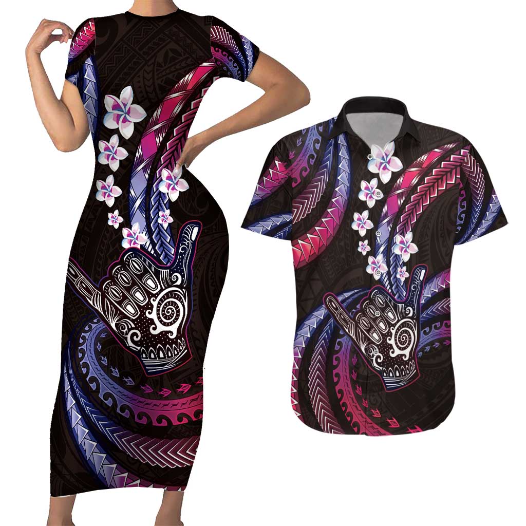 Hawaii Shaka Sign Couples Matching Short Sleeve Bodycon Dress and Hawaiian Shirt Fantastic Frangipani Sweet Vibes LT01 Pink - Polynesian Pride