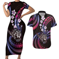 Hawaii Shaka Sign Couples Matching Short Sleeve Bodycon Dress and Hawaiian Shirt Fantastic Frangipani Sweet Vibes LT01 Pink - Polynesian Pride