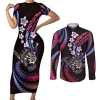 Hawaii Shaka Sign Couples Matching Short Sleeve Bodycon Dress and Long Sleeve Button Shirt Fantastic Frangipani Sweet Vibes LT01 Pink - Polynesian Pride