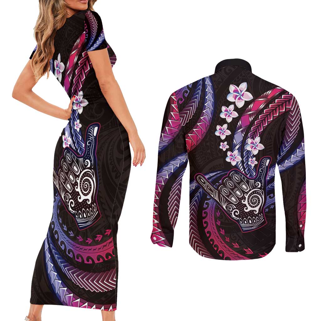 Hawaii Shaka Sign Couples Matching Short Sleeve Bodycon Dress and Long Sleeve Button Shirt Fantastic Frangipani Sweet Vibes LT01 - Polynesian Pride