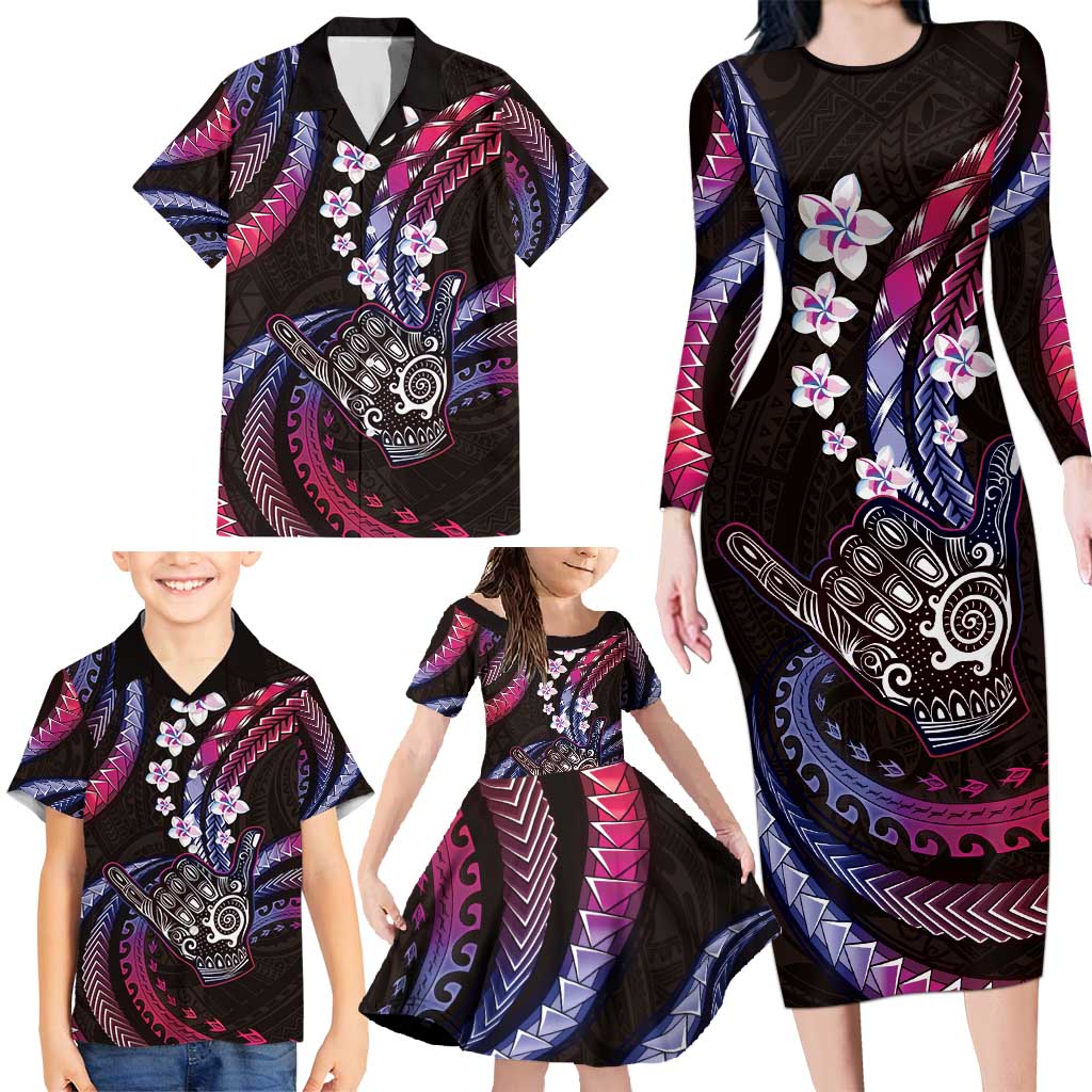 Hawaii Shaka Sign Family Matching Long Sleeve Bodycon Dress and Hawaiian Shirt Fantastic Frangipani Sweet Vibes LT01 - Polynesian Pride