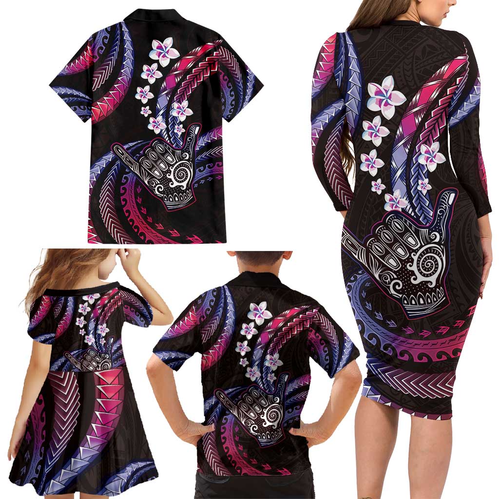 Hawaii Shaka Sign Family Matching Long Sleeve Bodycon Dress and Hawaiian Shirt Fantastic Frangipani Sweet Vibes LT01 - Polynesian Pride