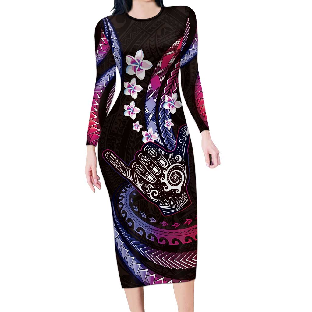 Hawaii Shaka Sign Family Matching Long Sleeve Bodycon Dress and Hawaiian Shirt Fantastic Frangipani Sweet Vibes LT01 Mom's Dress Pink - Polynesian Pride