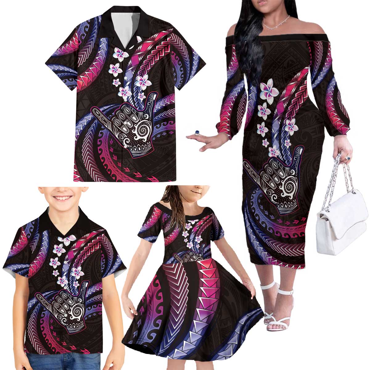 Hawaii Shaka Sign Family Matching Off The Shoulder Long Sleeve Dress and Hawaiian Shirt Fantastic Frangipani Sweet Vibes LT01 - Polynesian Pride