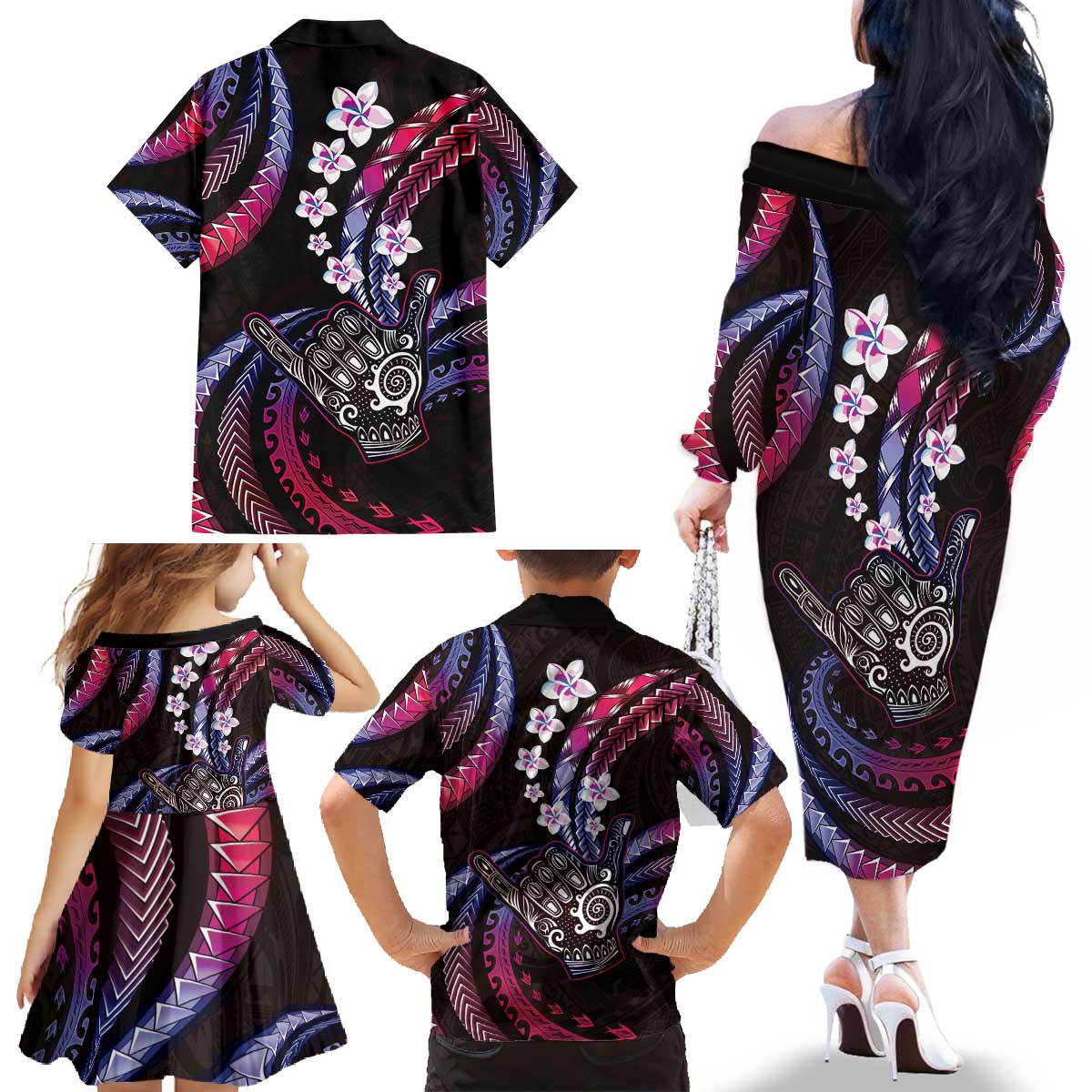Hawaii Shaka Sign Family Matching Off The Shoulder Long Sleeve Dress and Hawaiian Shirt Fantastic Frangipani Sweet Vibes LT01 - Polynesian Pride