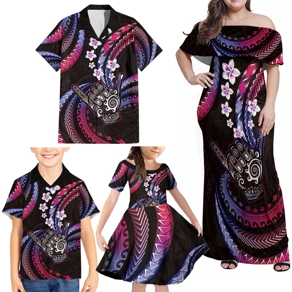 Hawaii Shaka Sign Family Matching Off Shoulder Maxi Dress and Hawaiian Shirt Fantastic Frangipani Sweet Vibes