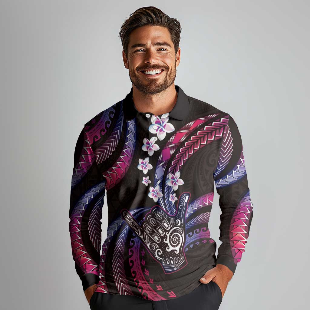 Hawaii Shaka Sign Long Sleeve Polo Shirt Fantastic Frangipani Sweet Vibes