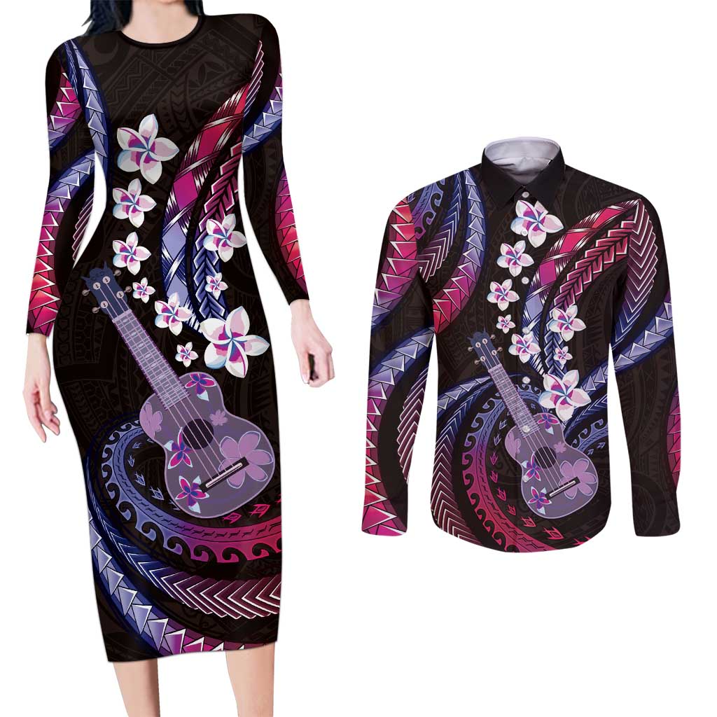 Hawaiian Ukulele Couples Matching Long Sleeve Bodycon Dress and Long Sleeve Button Shirt Sweet Dream Fantastic Plumeria LT01 Pink - Polynesian Pride