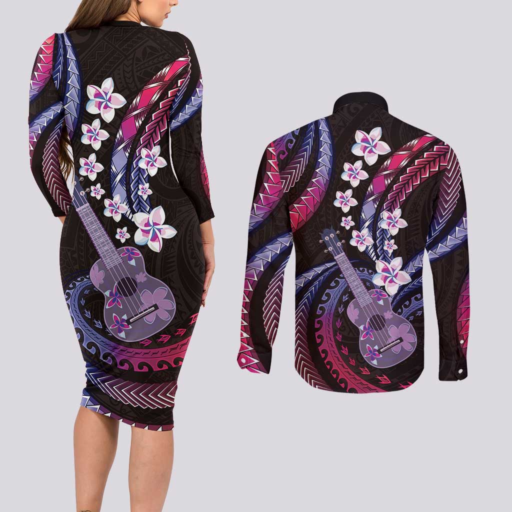 Hawaiian Ukulele Couples Matching Long Sleeve Bodycon Dress and Long Sleeve Button Shirt Sweet Dream Fantastic Plumeria LT01 - Polynesian Pride