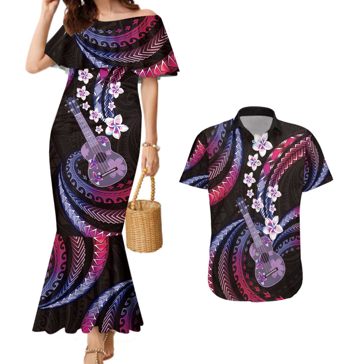 Hawaiian Ukulele Couples Matching Mermaid Dress and Hawaiian Shirt Sweet Dream Fantastic Plumeria