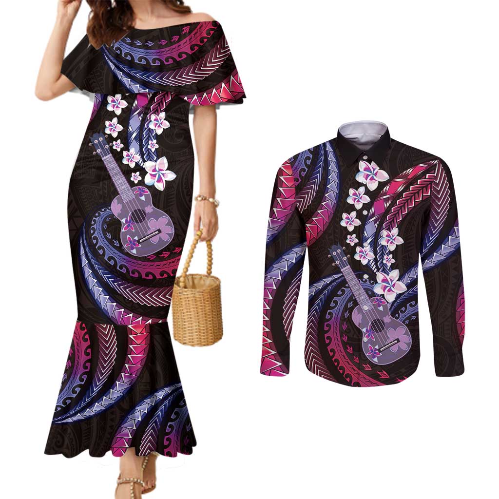 Hawaiian Ukulele Couples Matching Mermaid Dress and Long Sleeve Button Shirt Sweet Dream Fantastic Plumeria