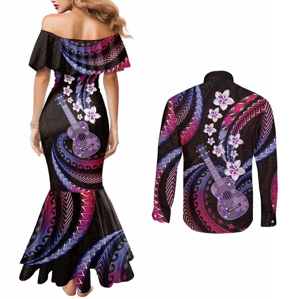 Hawaiian Ukulele Couples Matching Mermaid Dress and Long Sleeve Button Shirt Sweet Dream Fantastic Plumeria