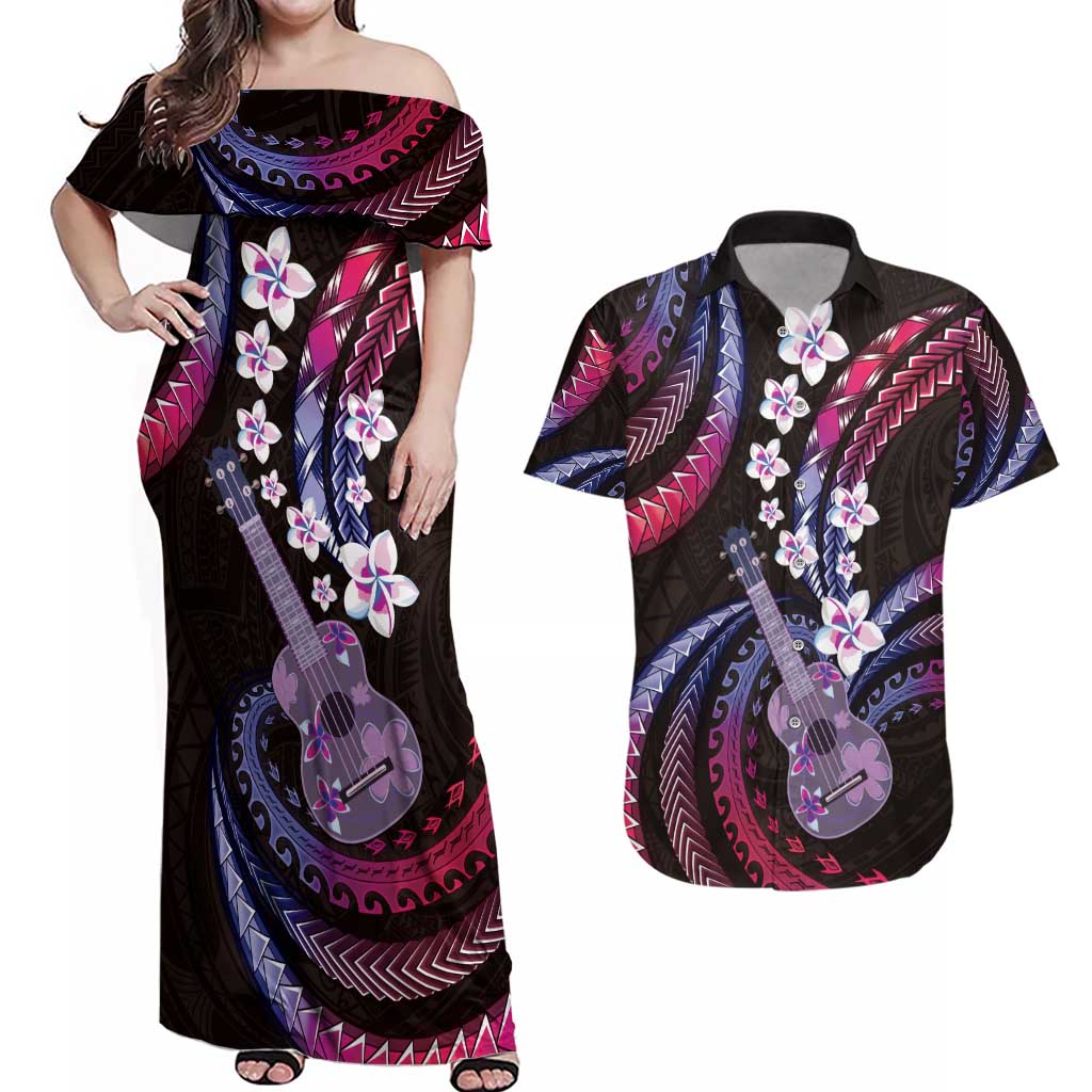 Hawaiian Ukulele Couples Matching Off Shoulder Maxi Dress and Hawaiian Shirt Sweet Dream Fantastic Plumeria