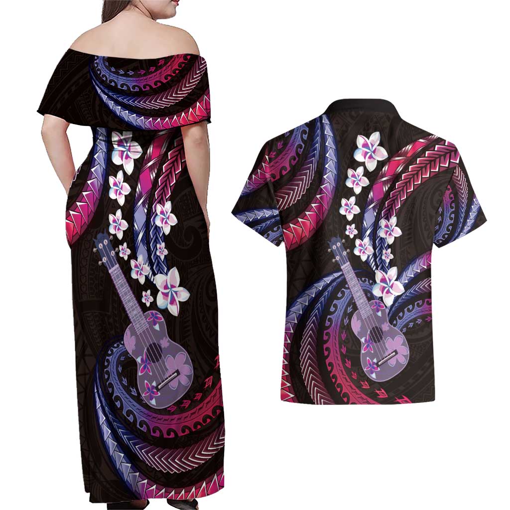 Hawaiian Ukulele Couples Matching Off Shoulder Maxi Dress and Hawaiian Shirt Sweet Dream Fantastic Plumeria