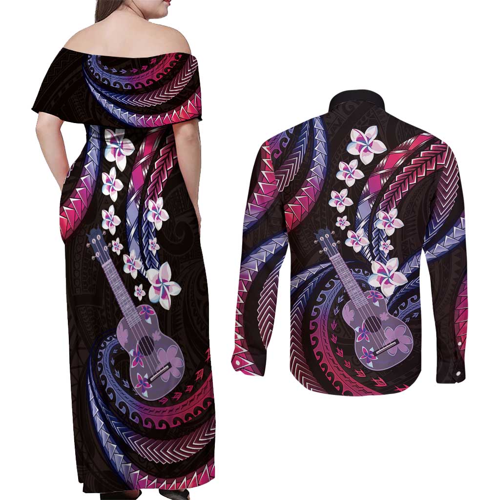 Hawaiian Ukulele Couples Matching Off Shoulder Maxi Dress and Long Sleeve Button Shirt Sweet Dream Fantastic Plumeria