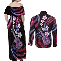 Hawaiian Ukulele Couples Matching Off Shoulder Maxi Dress and Long Sleeve Button Shirt Sweet Dream Fantastic Plumeria