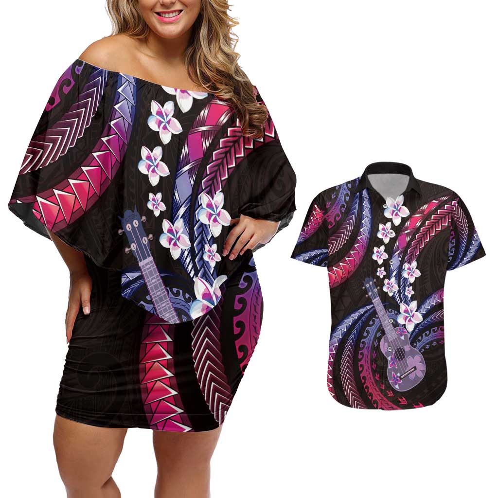 Hawaiian Ukulele Couples Matching Off Shoulder Short Dress and Hawaiian Shirt Sweet Dream Fantastic Plumeria