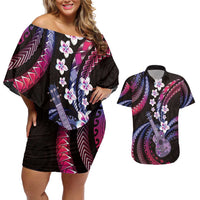 Hawaiian Ukulele Couples Matching Off Shoulder Short Dress and Hawaiian Shirt Sweet Dream Fantastic Plumeria LT01 Pink - Polynesian Pride