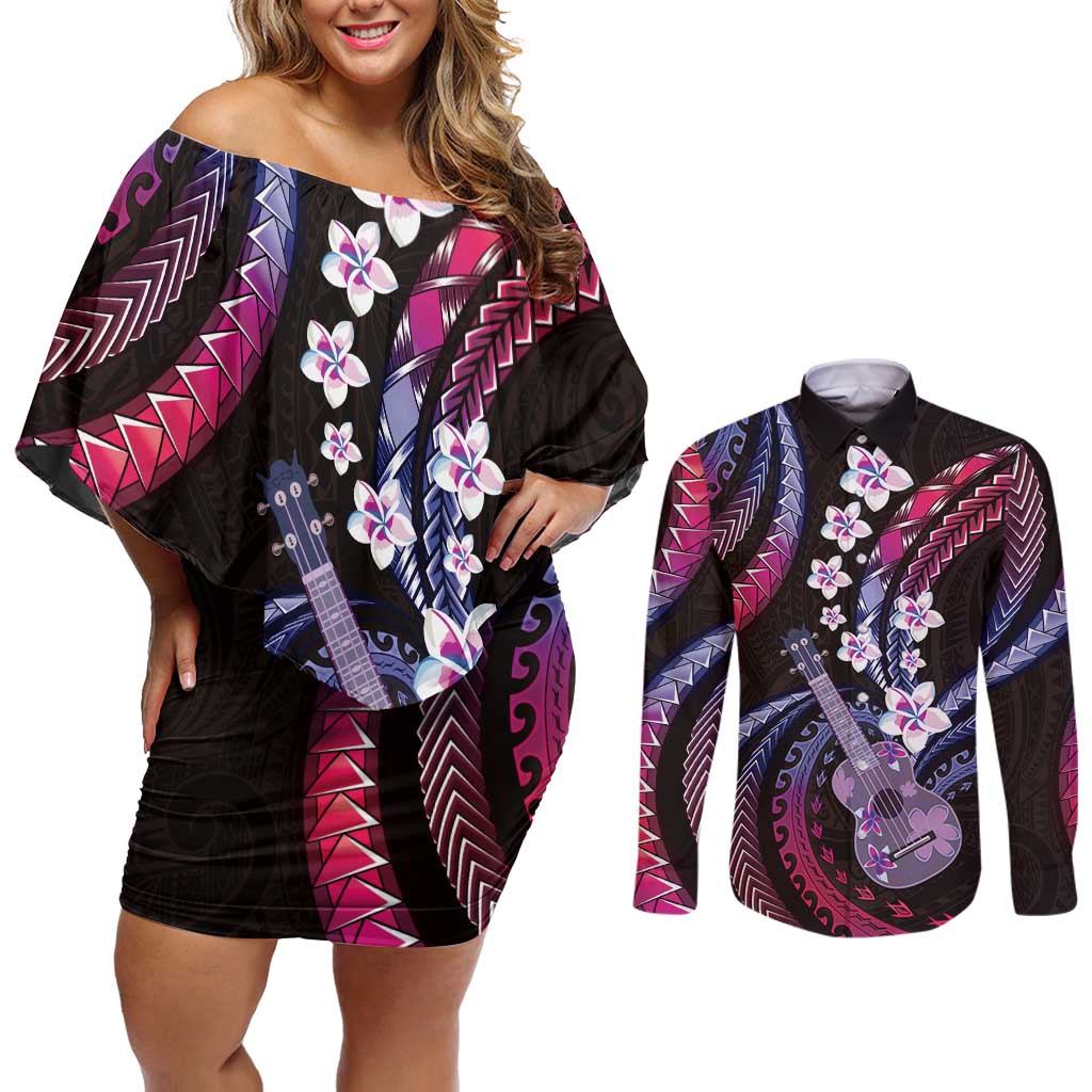 Hawaiian Ukulele Couples Matching Off Shoulder Short Dress and Long Sleeve Button Shirt Sweet Dream Fantastic Plumeria