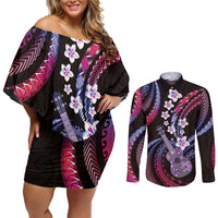 Hawaiian Ukulele Couples Matching Off Shoulder Short Dress and Long Sleeve Button Shirt Sweet Dream Fantastic Plumeria