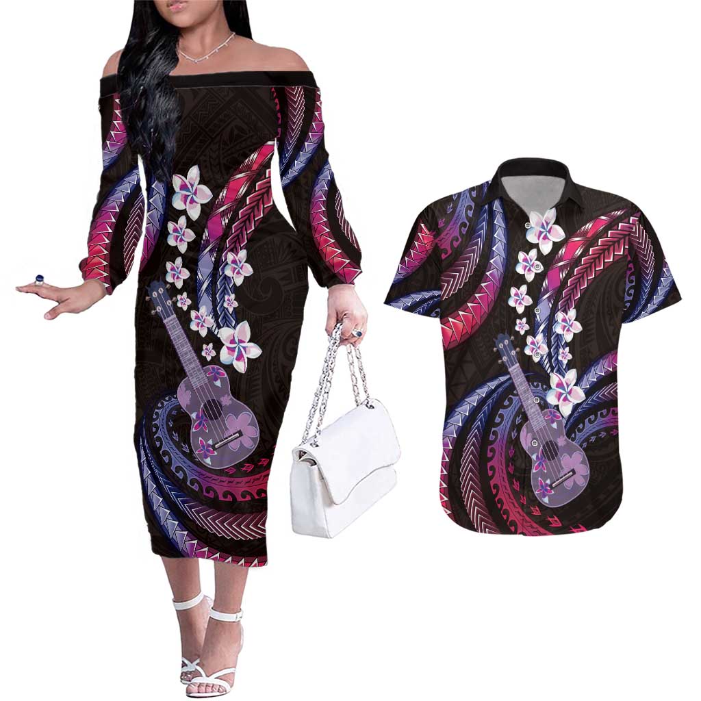 Hawaiian Ukulele Couples Matching Off The Shoulder Long Sleeve Dress and Hawaiian Shirt Sweet Dream Fantastic Plumeria LT01 Pink - Polynesian Pride