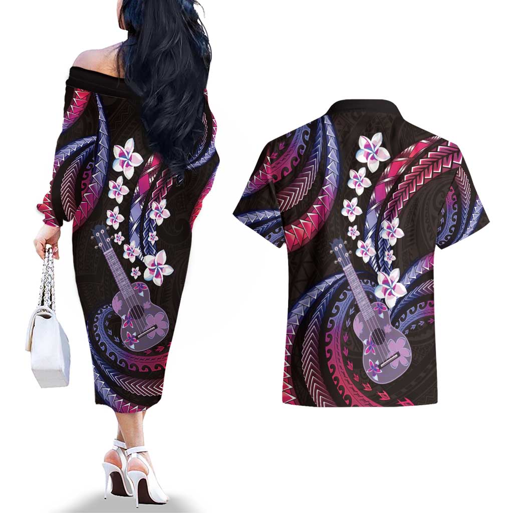 Hawaiian Ukulele Couples Matching Off The Shoulder Long Sleeve Dress and Hawaiian Shirt Sweet Dream Fantastic Plumeria LT01 - Polynesian Pride
