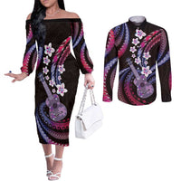 Hawaiian Ukulele Couples Matching Off The Shoulder Long Sleeve Dress and Long Sleeve Button Shirt Sweet Dream Fantastic Plumeria LT01 Pink - Polynesian Pride