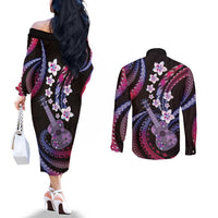 Hawaiian Ukulele Couples Matching Off The Shoulder Long Sleeve Dress and Long Sleeve Button Shirt Sweet Dream Fantastic Plumeria LT01 - Polynesian Pride