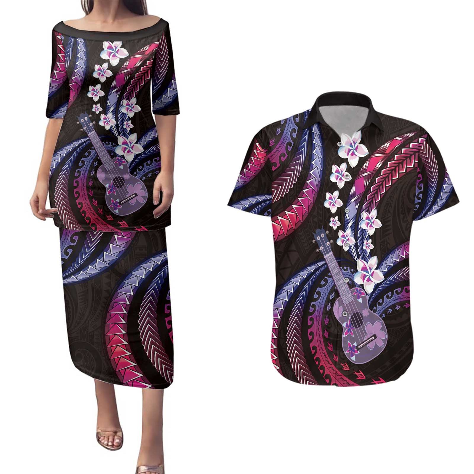 Hawaiian Ukulele Couples Matching Puletasi and Hawaiian Shirt Sweet Dream Fantastic Plumeria