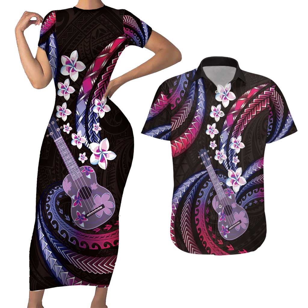 Hawaiian Ukulele Couples Matching Short Sleeve Bodycon Dress and Hawaiian Shirt Sweet Dream Fantastic Plumeria LT01 Pink - Polynesian Pride