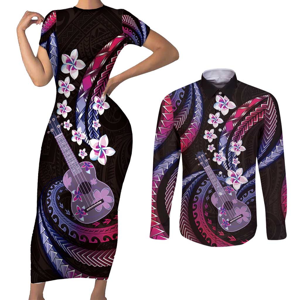 Hawaiian Ukulele Couples Matching Short Sleeve Bodycon Dress and Long Sleeve Button Shirt Sweet Dream Fantastic Plumeria LT01 Pink - Polynesian Pride