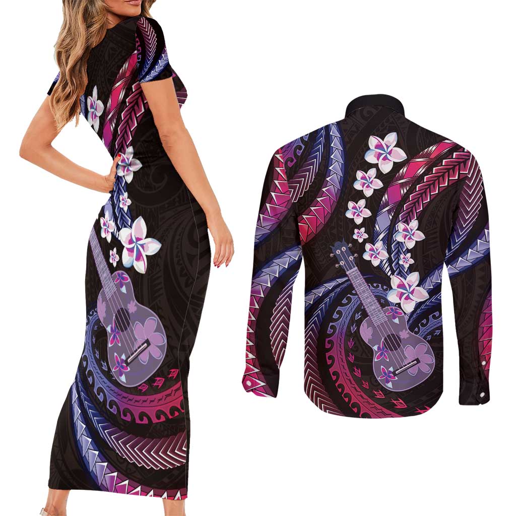 Hawaiian Ukulele Couples Matching Short Sleeve Bodycon Dress and Long Sleeve Button Shirt Sweet Dream Fantastic Plumeria LT01 - Polynesian Pride