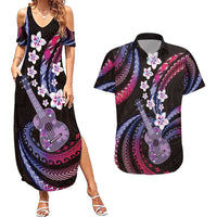 Hawaiian Ukulele Couples Matching Summer Maxi Dress and Hawaiian Shirt Sweet Dream Fantastic Plumeria
