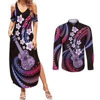 Hawaiian Ukulele Couples Matching Summer Maxi Dress and Long Sleeve Button Shirt Sweet Dream Fantastic Plumeria