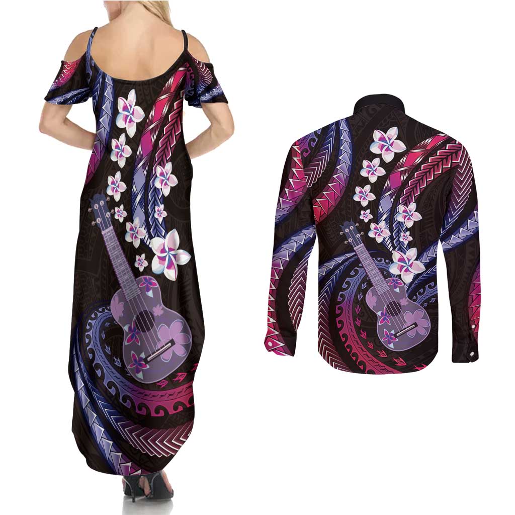 Hawaiian Ukulele Couples Matching Summer Maxi Dress and Long Sleeve Button Shirt Sweet Dream Fantastic Plumeria