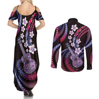 Hawaiian Ukulele Couples Matching Summer Maxi Dress and Long Sleeve Button Shirt Sweet Dream Fantastic Plumeria