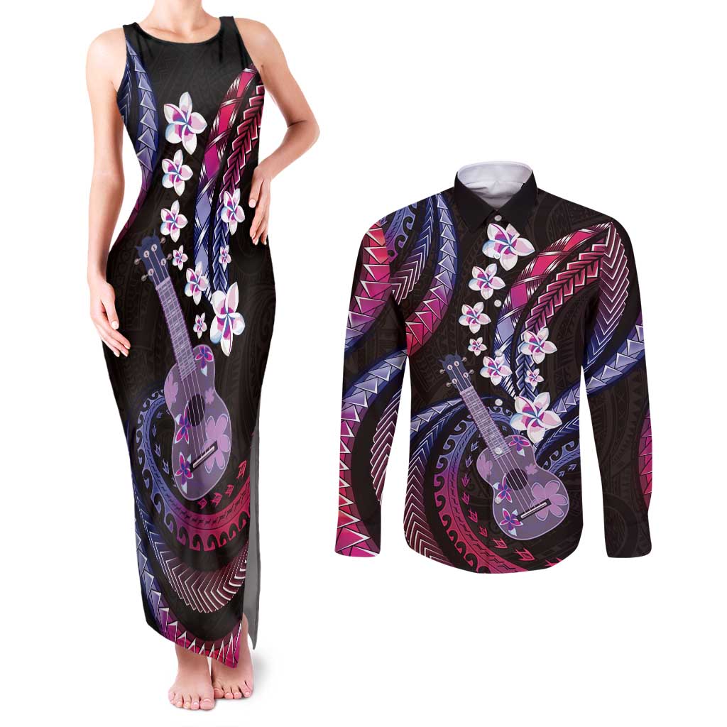 Hawaiian Ukulele Couples Matching Tank Maxi Dress and Long Sleeve Button Shirt Sweet Dream Fantastic Plumeria