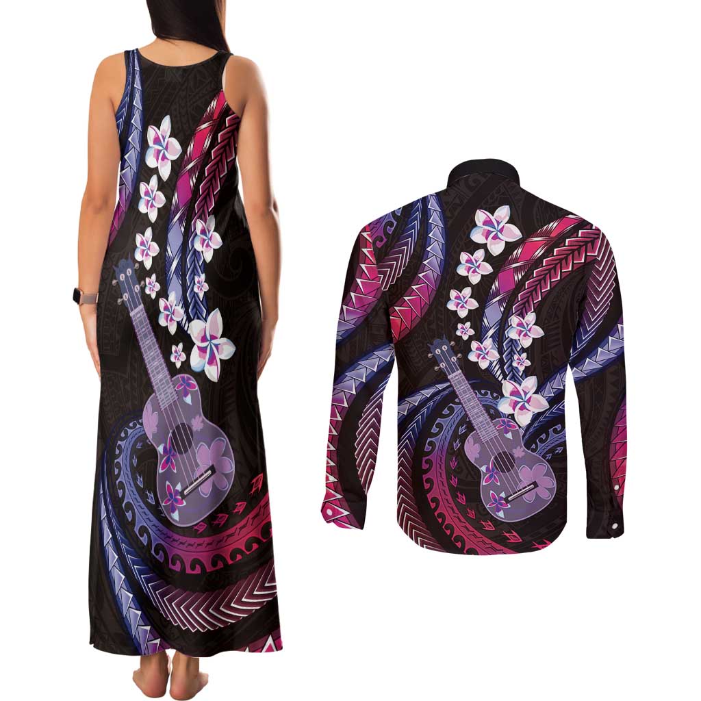 Hawaiian Ukulele Couples Matching Tank Maxi Dress and Long Sleeve Button Shirt Sweet Dream Fantastic Plumeria