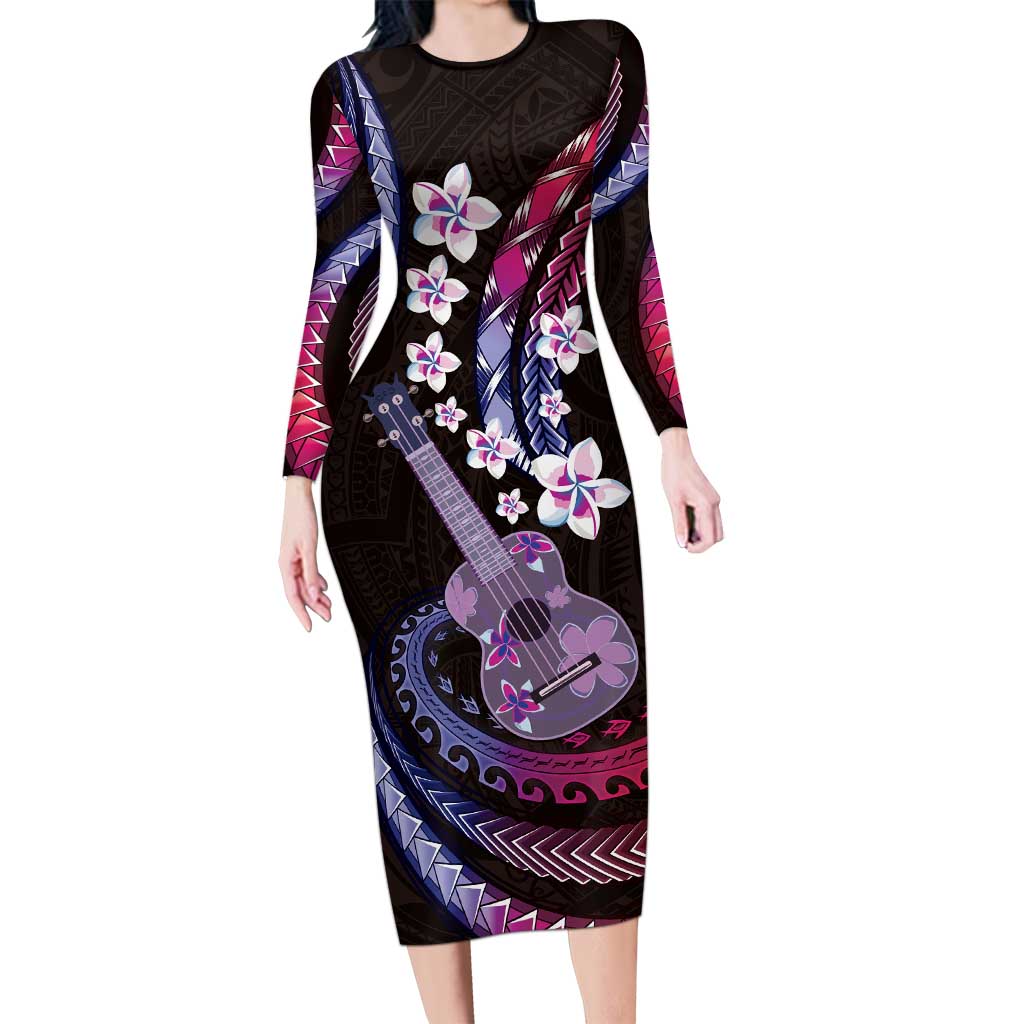 Hawaiian Ukulele Family Matching Long Sleeve Bodycon Dress and Hawaiian Shirt Sweet Dream Fantastic Plumeria LT01 Mom's Dress Pink - Polynesian Pride