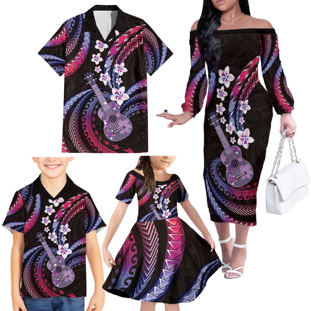 Hawaiian Ukulele Family Matching Off The Shoulder Long Sleeve Dress and Hawaiian Shirt Sweet Dream Fantastic Plumeria LT01 - Polynesian Pride