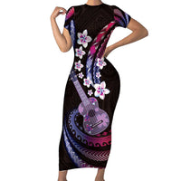 Hawaiian Ukulele Family Matching Short Sleeve Bodycon Dress and Hawaiian Shirt Sweet Dream Fantastic Plumeria LT01 Mom's Dress Pink - Polynesian Pride
