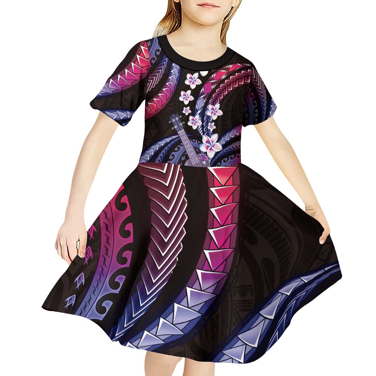 Hawaiian Ukulele Kid Short Sleeve Dress Sweet Dream Fantastic Plumeria