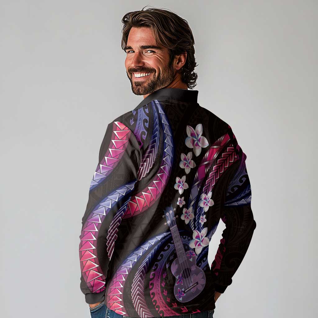 Hawaiian Ukulele Long Sleeve Polo Shirt Sweet Dream Fantastic Plumeria