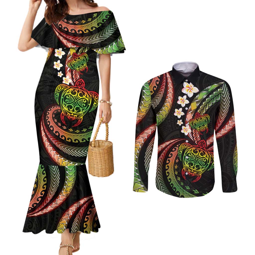 Hawaii Turtles Plumeria Couples Matching Mermaid Dress and Long Sleeve Button Shirt Reggae Polynesian Pattern