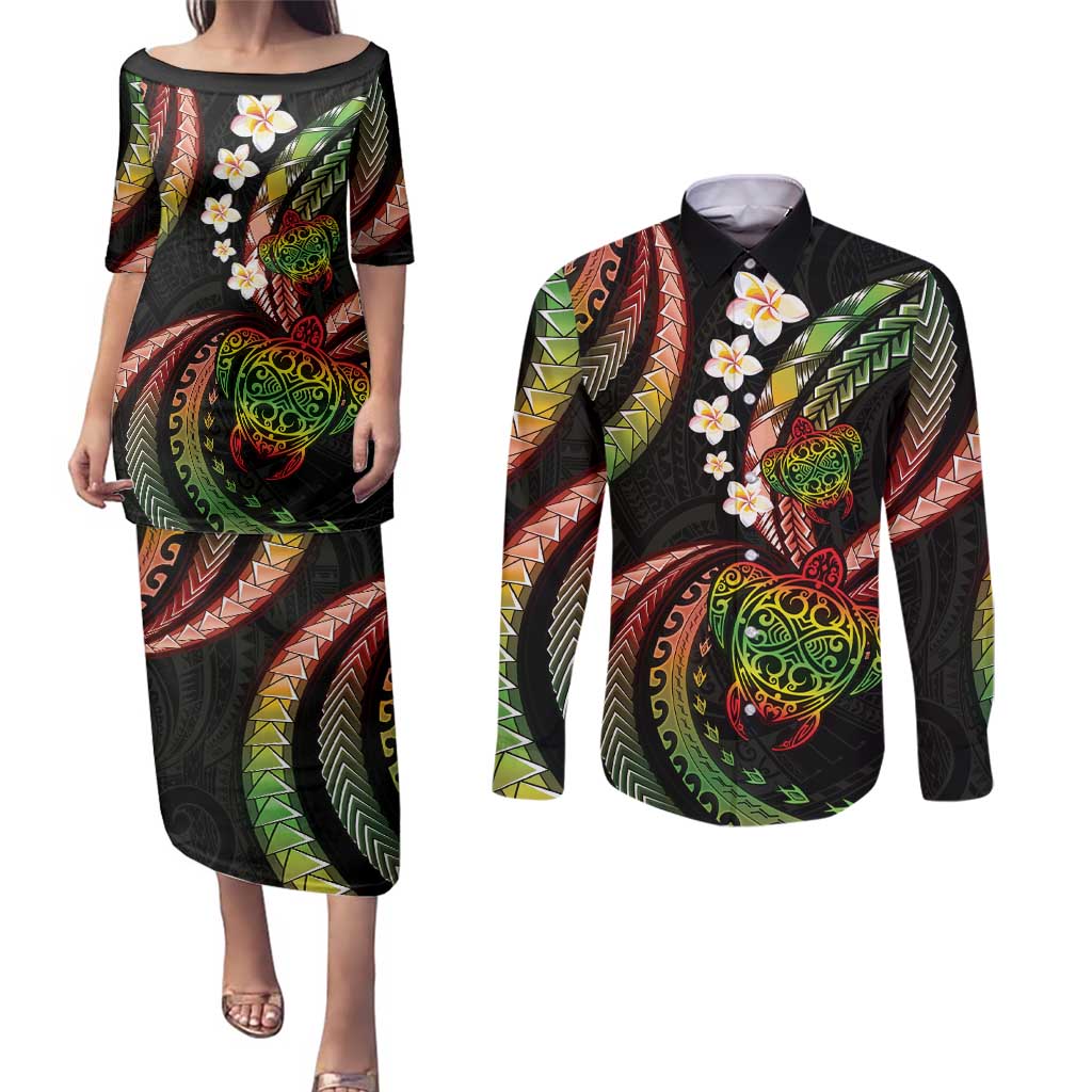 Hawaii Turtles Plumeria Couples Matching Puletasi and Long Sleeve Button Shirt Reggae Polynesian Pattern