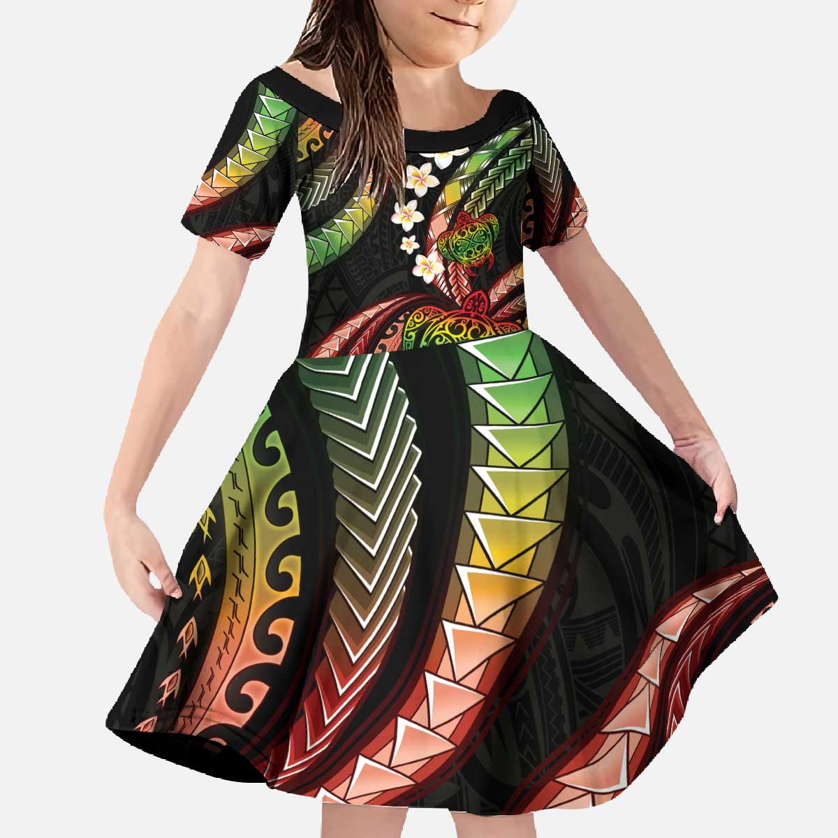Hawaii Turtles Plumeria Family Matching Off The Shoulder Long Sleeve Dress and Hawaiian Shirt Reggae Polynesian Pattern